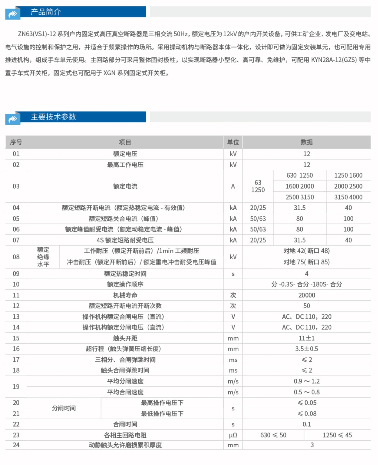 ZN63-12（VS1-12）户内真空断路器